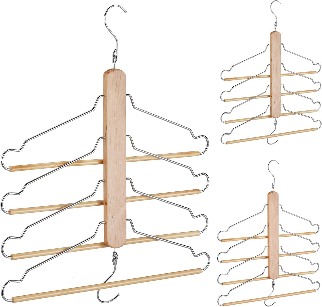 Relaxdays Mehrfach Kleiderbügel, 3er Set, platzsparend, 4 Bügel mit Hosensteg, Holz, Metall, Multibü