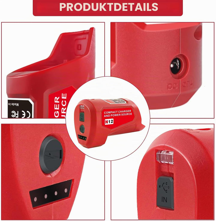 Upgrade für M12 USB Power Source Ladegerät Adapter, für Milwaukee 12V Akku, Typ-C Eingang, USB Ausga