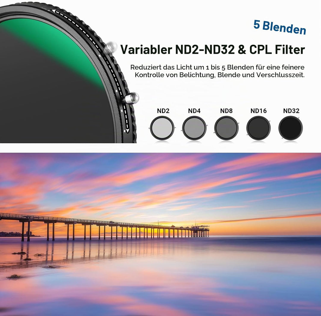 NEEWER 2 in 1 82mm Variable ND Filter ND2-ND32&amp;CPL (Zirkular Polfilter) No X Cross Variabel Graufilt