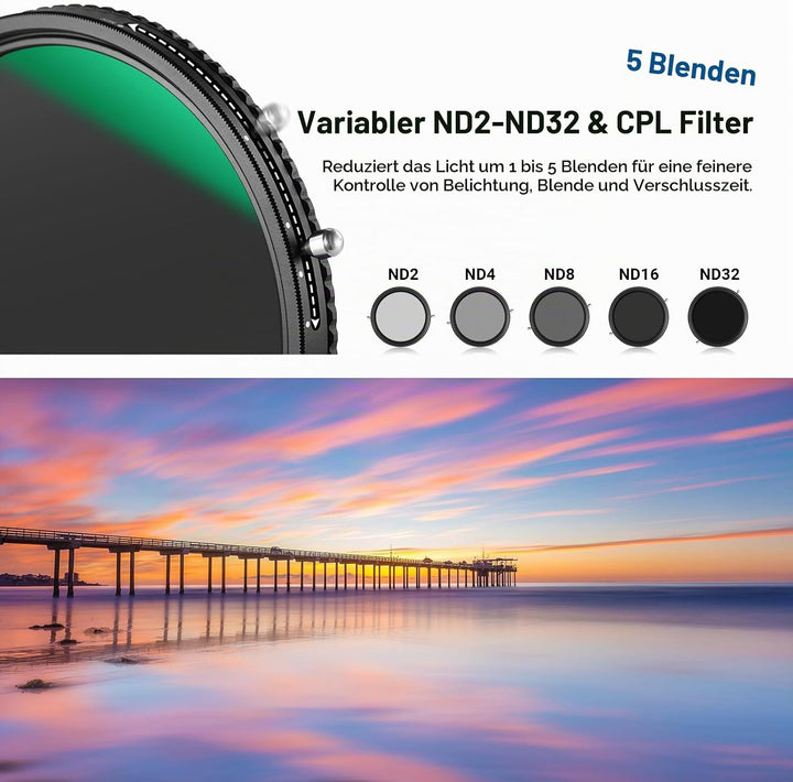 NEEWER 2 in 1 58mm Variable ND Filter ND2-ND32&amp;CPL (Zirkular Polfilter) No X Cross Variabel Graufilt