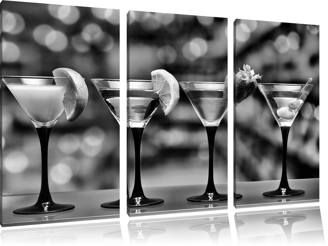 Pixxprint Monocrome, Vier Verschiedene exotische Martinis 3-Teiler Leinwandbild 120x80 Bild auf Lein