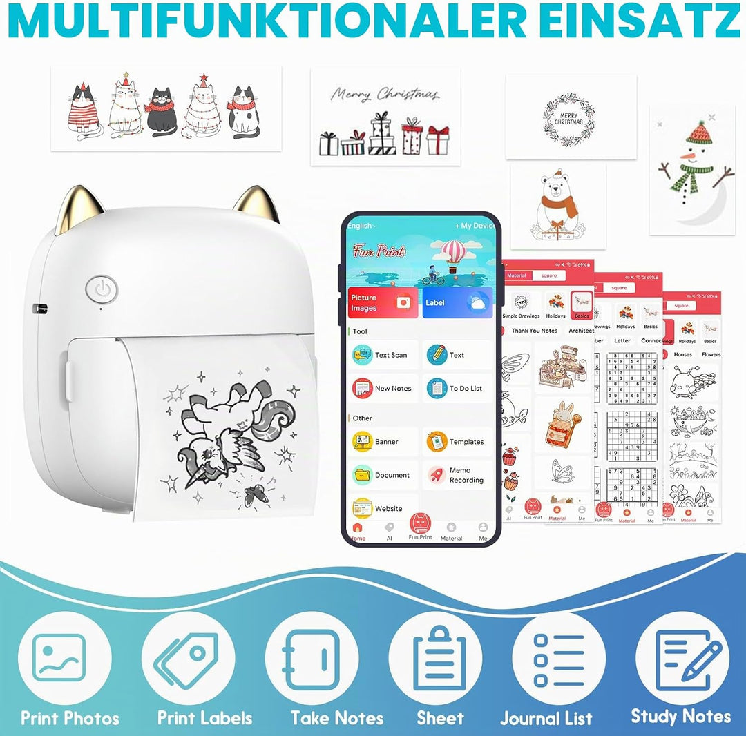 Mini Drucker, Tragbarer Mini Fotodrucker Thermodrucker Smartphone Taschendrucker, Wireless Bluetooth