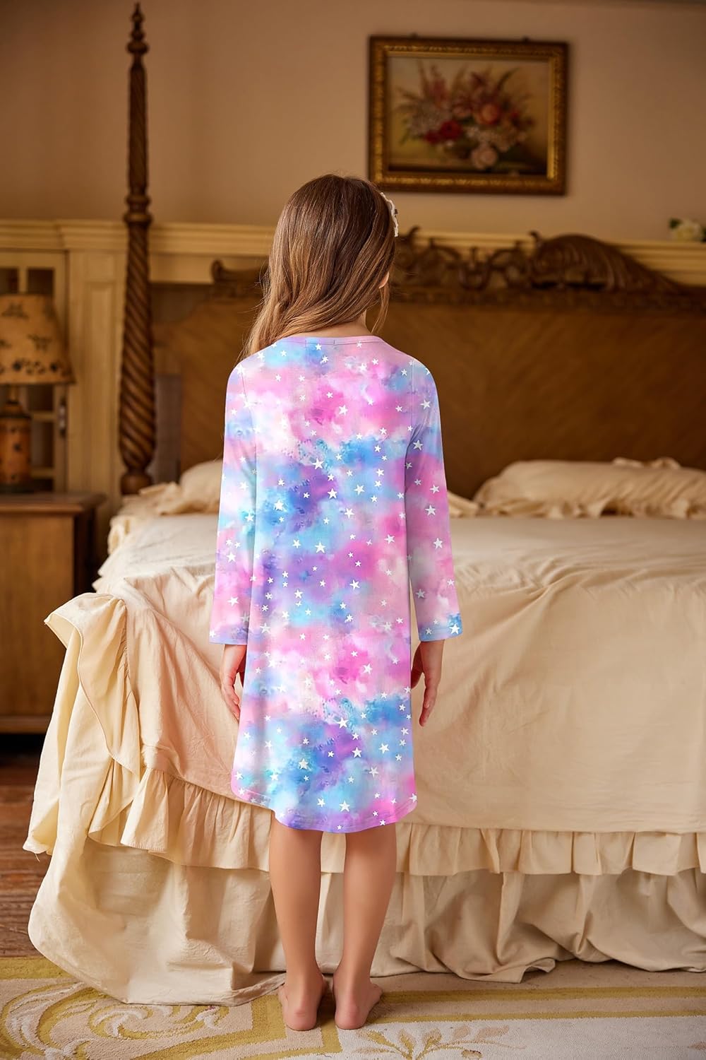 Arshiner Mädchen Nachthemd Langarm Kinder Nachtkleid mit Niedlichen Prints Schlafanzug Kleid Nightdr