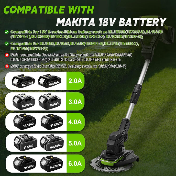 Rasentrimmer mit Akku kompatibel mit Makita, Akku Rasentrimmer 10000r/min Teleskopgriff 99–132cm, fü