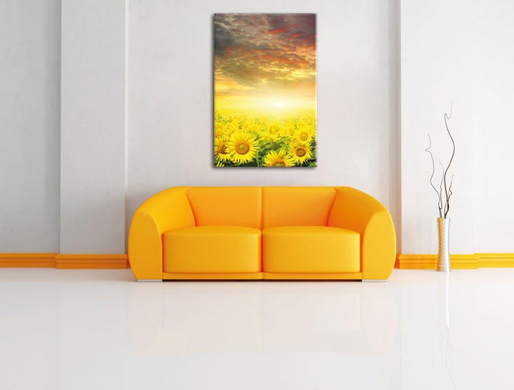 Sonnenblumenfeld, Format: 100x70 auf Leinwand, XXL riesige Bilder fertig gerahmt mit Keilrahmen, Kun