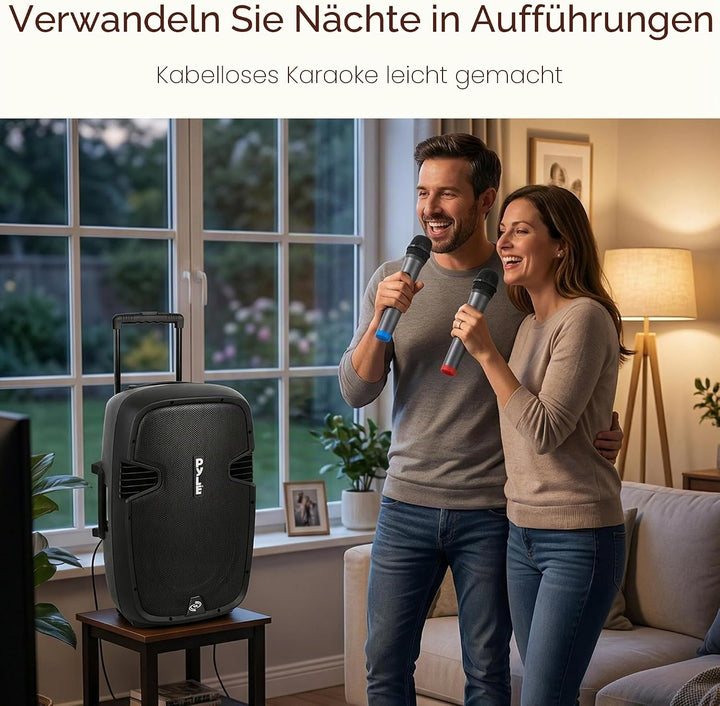 Pyle Partybox, Bluetooth Lautsprecher Gross- Trag & Rollbar, Musikbox mit 2 Mikrofone & Fernbedienun