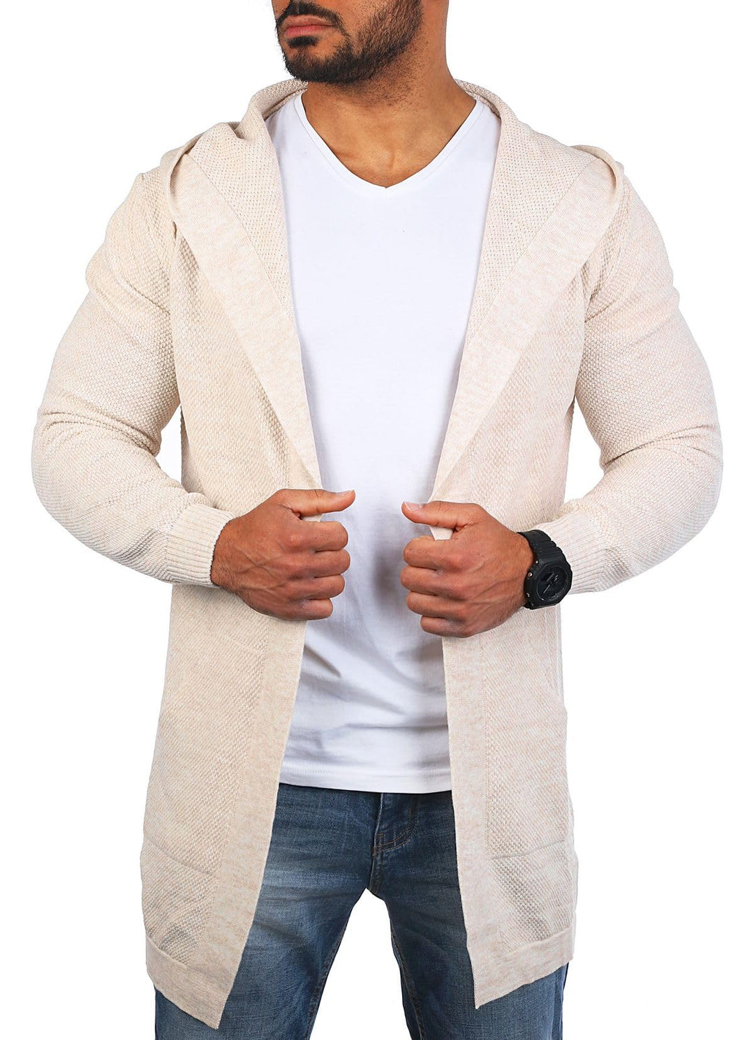 Carisma Herren Feinstrick Cardigan leichte Weste Strickjacke mit Kapuze Lange Passform Oversize Long