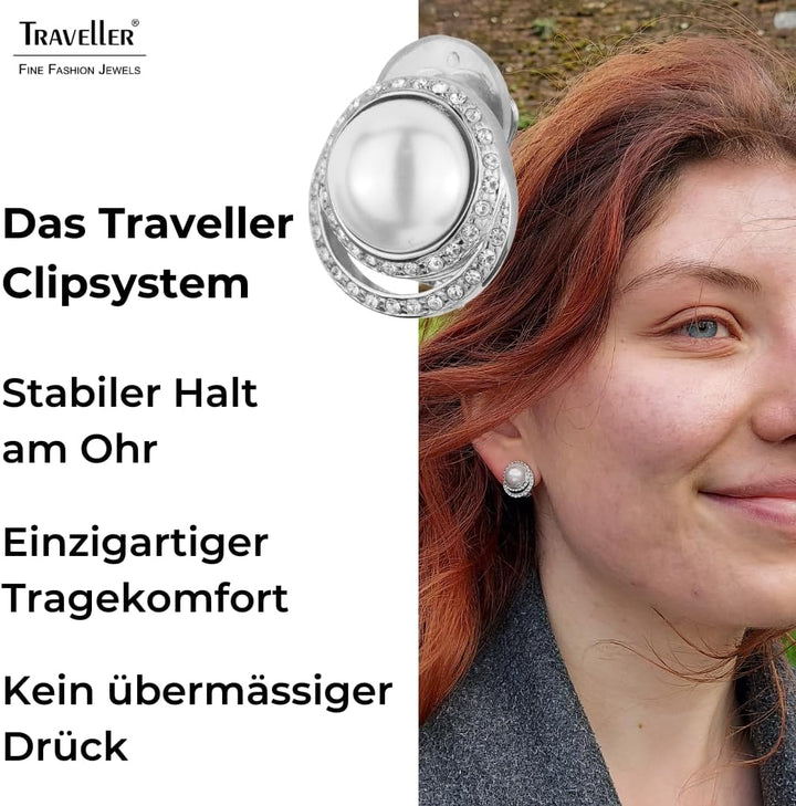Traveller Ohrclip - Perle weiss - Kristalle Silber/Weiss, Silber/Weiss