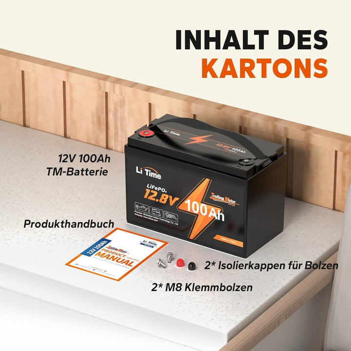 LiTime LiFePO4 12V 100Ah Trolling-Motoren Lithium Batterie mit Tieftemperaturschutz, Deep Cycle Batt