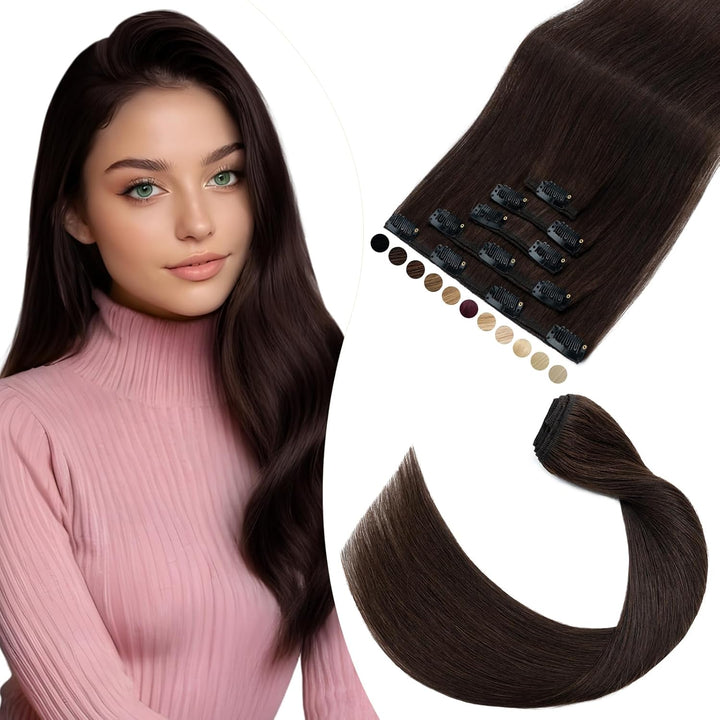 Elailite Clip in Extensions Echthaar, 5 Pcs Remy Haarverlängerung mit 12 Clips, 45cm-70g Glattes Haa