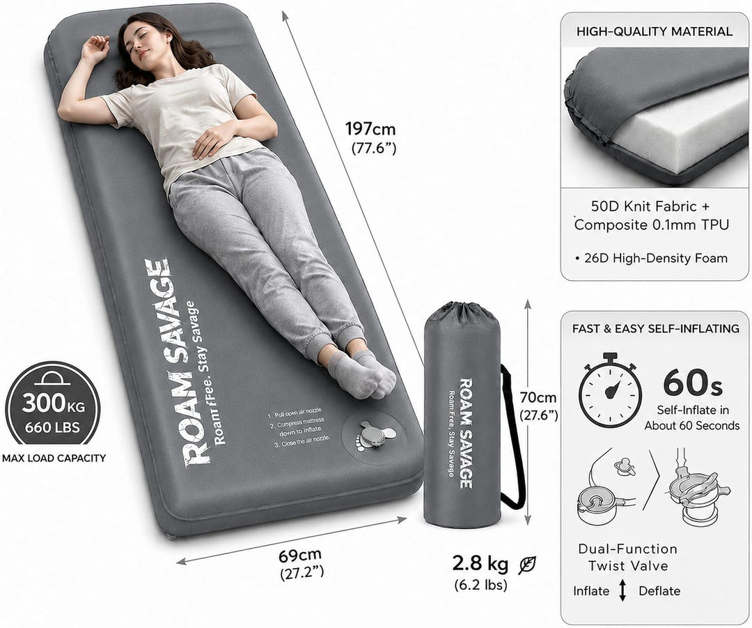 ROAM Savage Selbstaufblasende Camping-Isomatte, 7 cm Schlafmatte mit Kopfkissen, R-Wert 8,0 Isolieru