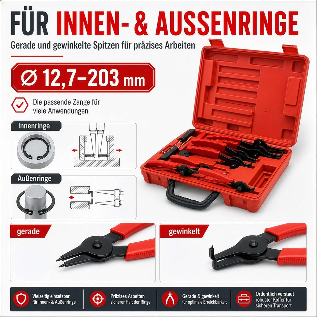 Wiltec Sprengring Zange 11 teilig, 12,7-203 mm, Seegeringzange für Aussenringe und Innenringe, Siche