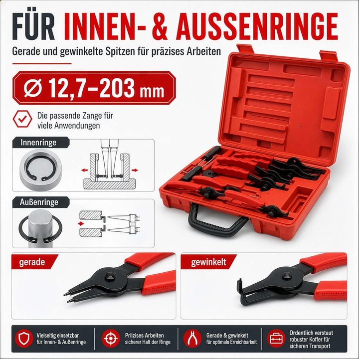 Wiltec Sprengring Zange 11 teilig, 12,7-203 mm, Seegeringzange für Aussenringe und Innenringe, Siche
