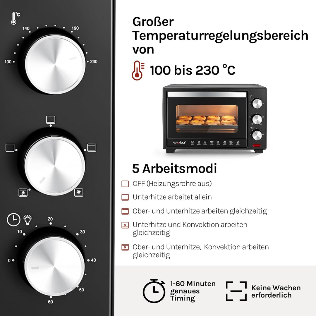 WOLTU Mini Backofen 25 Liter, 1500 Watt Toasterofen | Pizzaofen | Krümelblech mit Timer Minibackofen