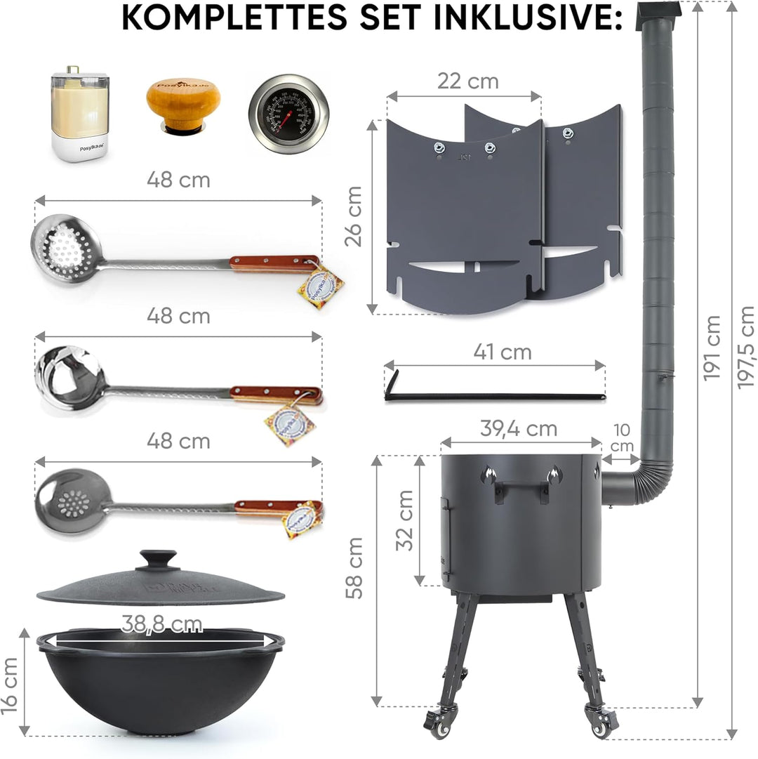 Utschak Feuerofen Ø 40cm mit Kazan Gusseisen 12L, Ø 42,5cm | Räder &amp; Ablagen &amp; Schaumlöffel | Kasan-