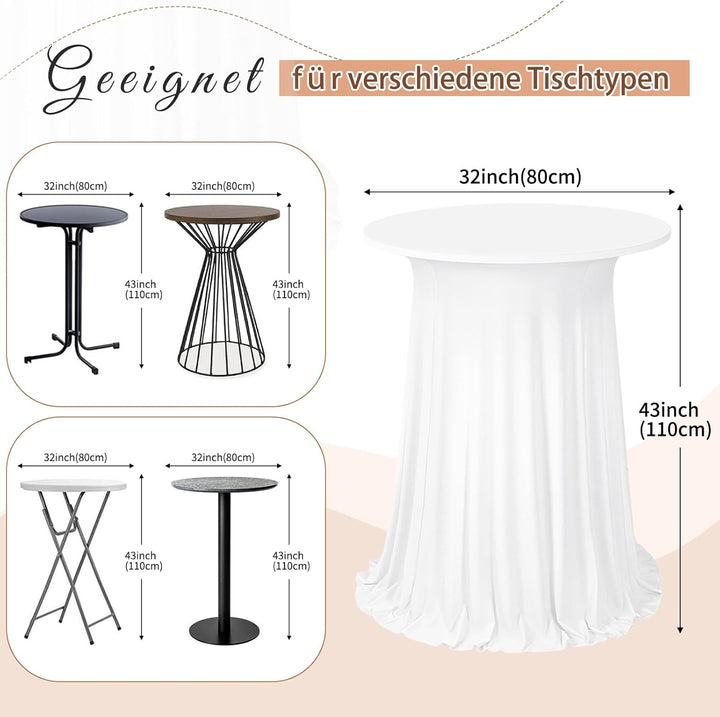 4er-Set Weiss Stehtisch Hussen Stretch mit Rock, 80 x 110 cm,schmutzabweisend, knitterfrei, waschbar