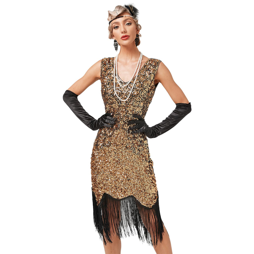 FYMNSI Damen 1920er Jahre V-Ausschnitt Pailletten Fransen Kleid Flapper Charleston Kleider Cocktailk