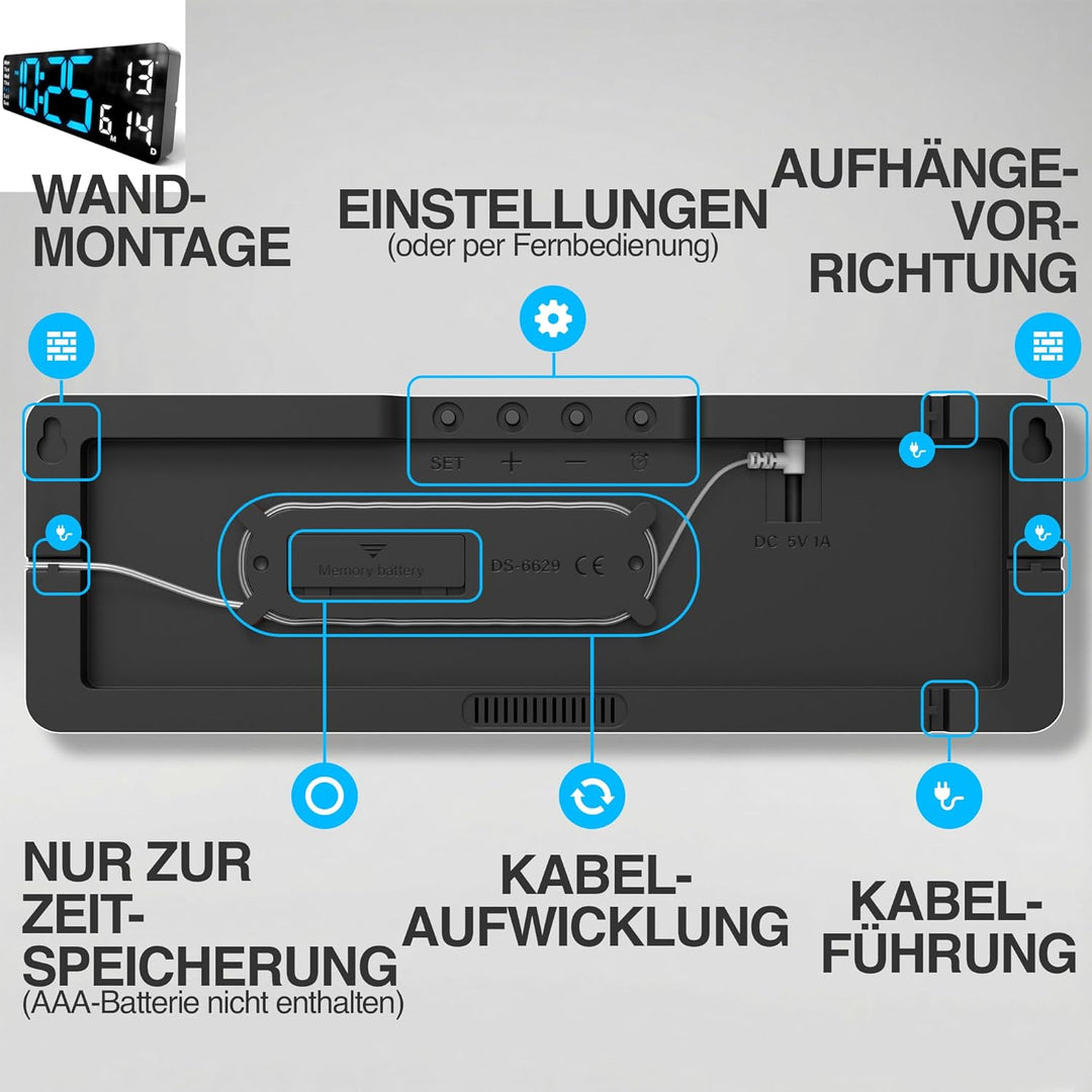 OPIS Clock 1 XL 32 cm – Wanduhr Digital in Blau mit Fernbedienung, Temperaturanzeige, Datum, Wochent