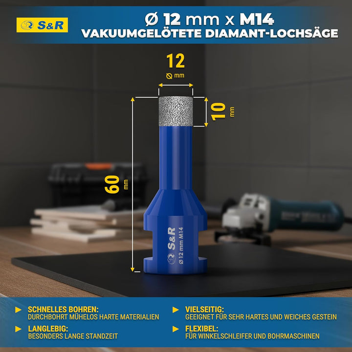 S&R Professional 2-tlg Diamantbohrer M14, Diamant Fliesenbohrer Set 12mm für Winkelschleifer, für Ha
