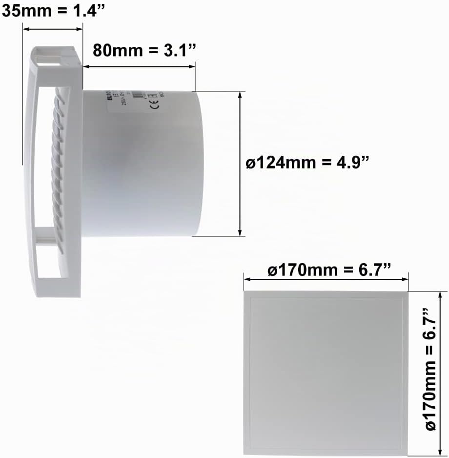 EUROPLAST Ø 125mm Bad-Lüfter mit Timer - mit Weiss Front, Leise Ventilator - Fan zur Belüftung Ø 125
