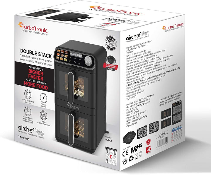 TurboTronic Heissluftfritteuse XXL – 11 L vertikale Doppelkammer Heissluftfritteuse 2 × 5,5 L DualZo