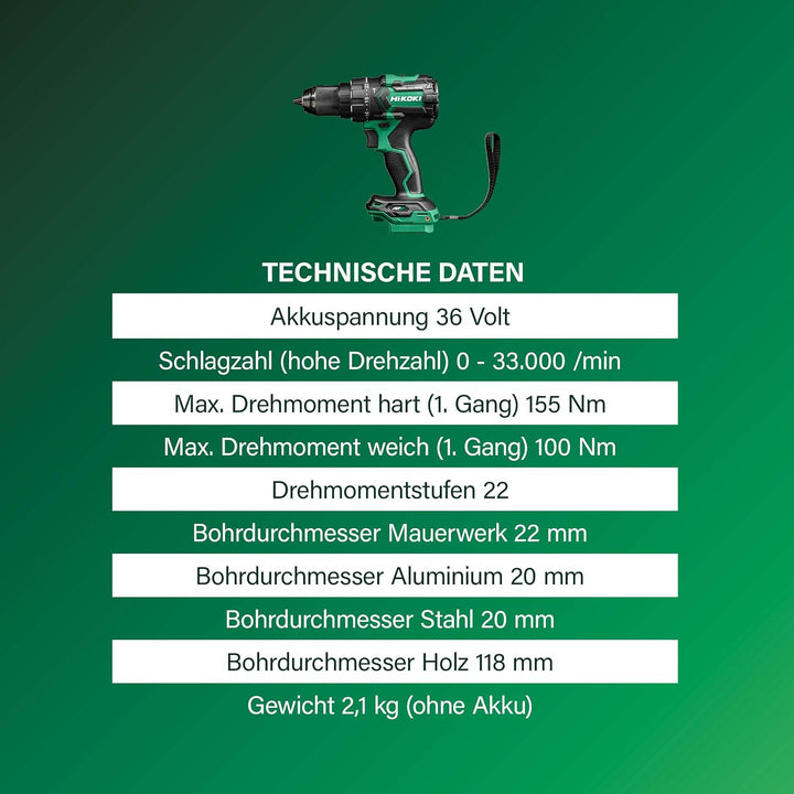 HiKOKI Akku-Schlagbohrschrauber - 36 V - 155 Nm, Brushless, 13 mm Metall Schnellspannbohrfutter, 22
