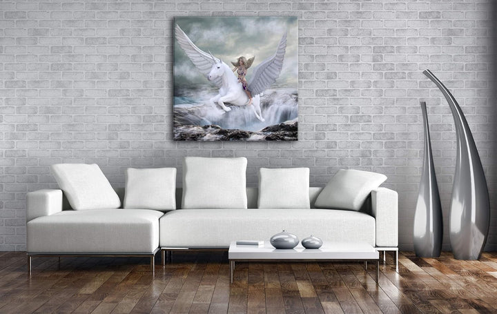 Frau auf dem edlen Pegasus Format: 70x70 als Leinwand, Motiv fertig gerahmt auf Echtholzrahmen, Hoch