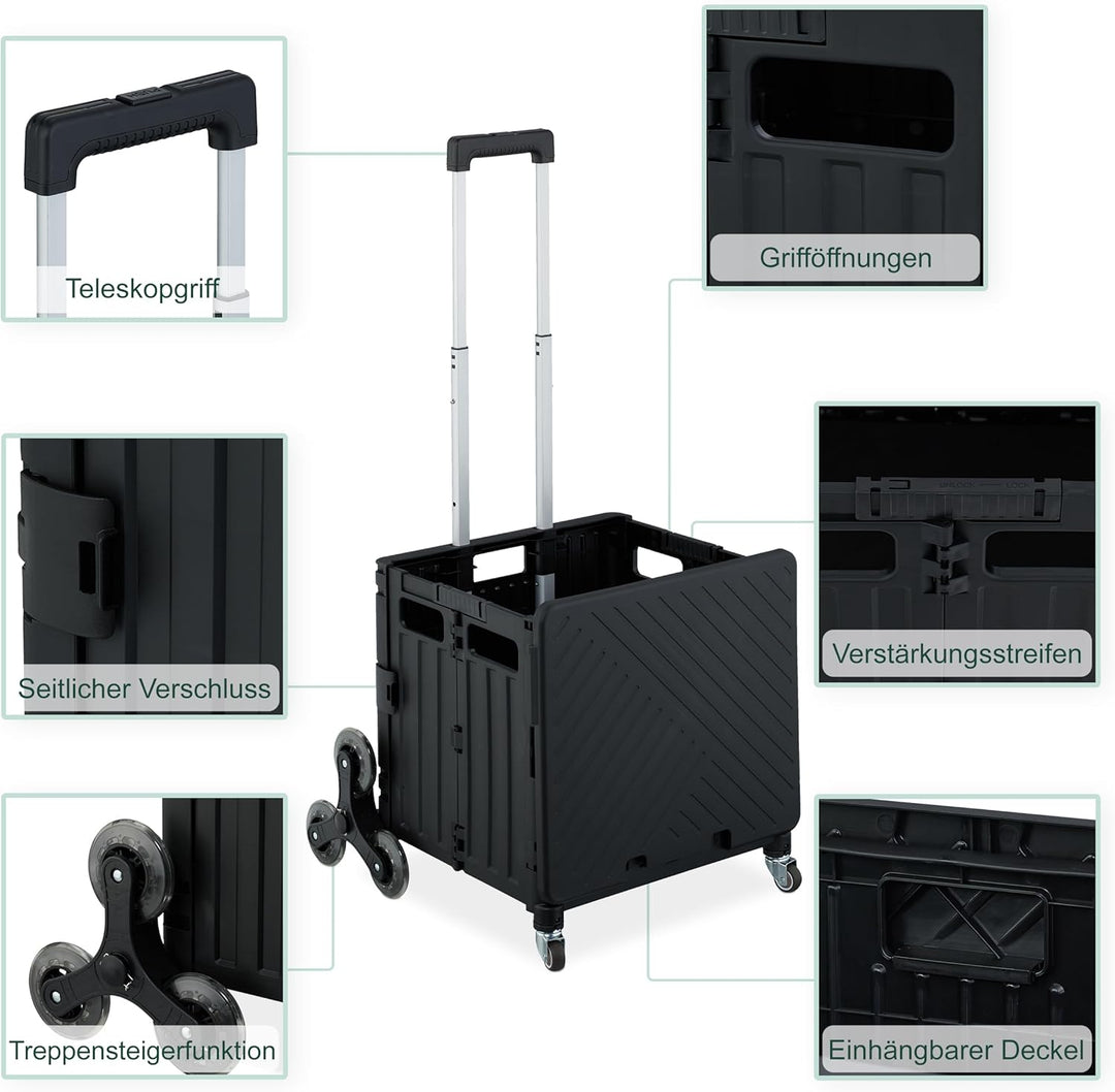 Relaxdays Einkaufstrolley Treppensteiger, klappbar, Einkaufskorb mit Rollen, Deckel, Teleskopgriff,