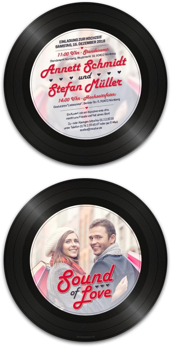 80 x Runde Hochzeitseinladungen Einladungskarten Hochzeit - Schallplatte Sound of Love, 80