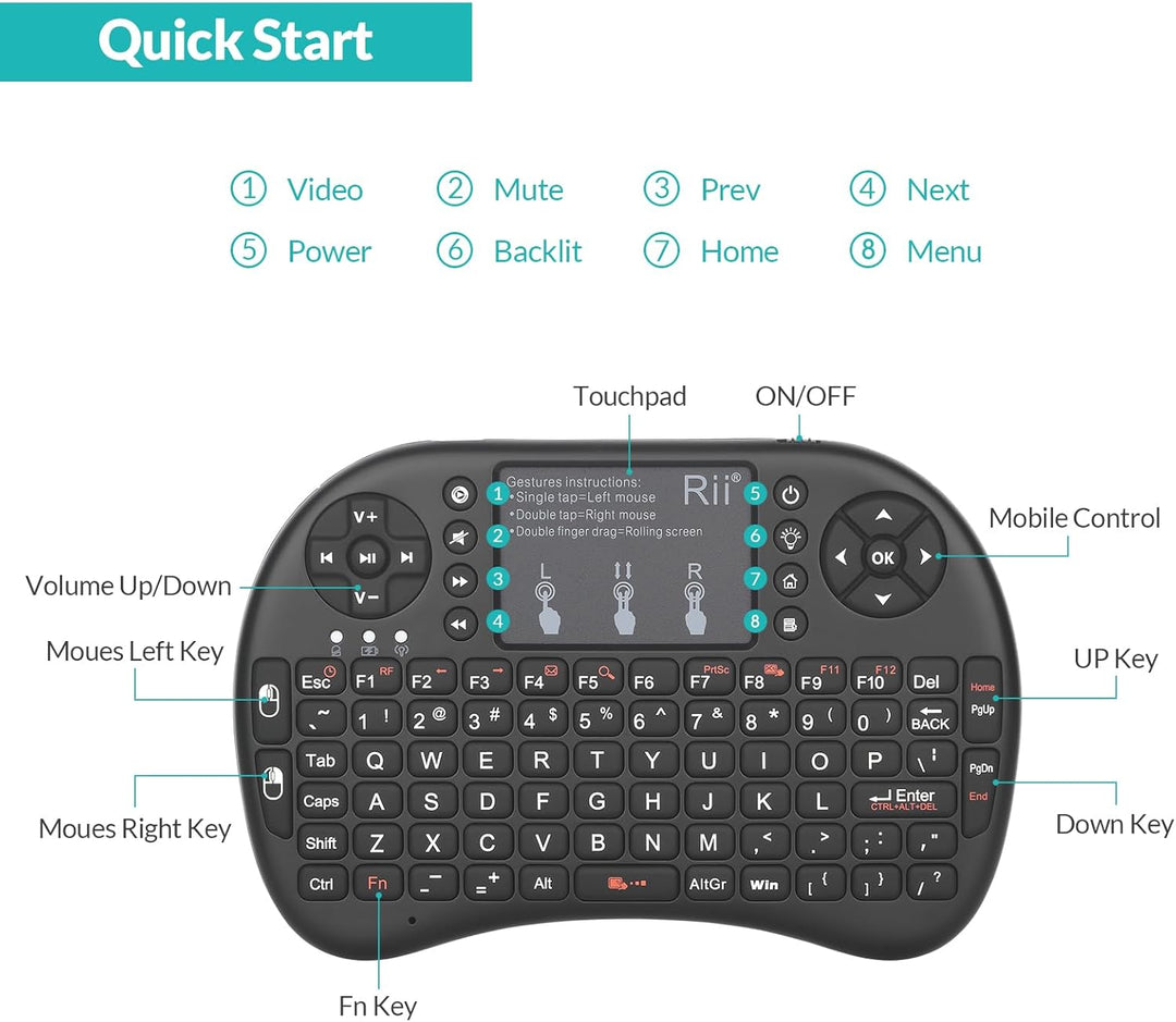 Rii Mini i8+ Wireless (QWERTY US Layout) - Mini Beleuchtete Tastatur mit Multi-Touch Maus-Pad für Sm