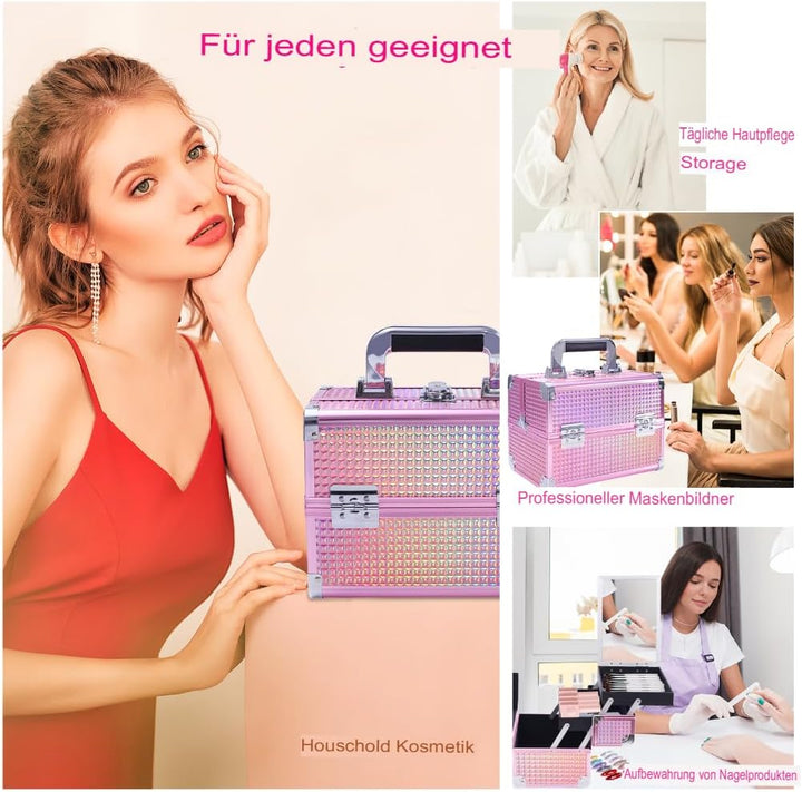 Kosmetikkoffer Aluminium Schminkkoffer mit Spiegel, Tragegriff & Schloss, Multifunktional Make-up Be