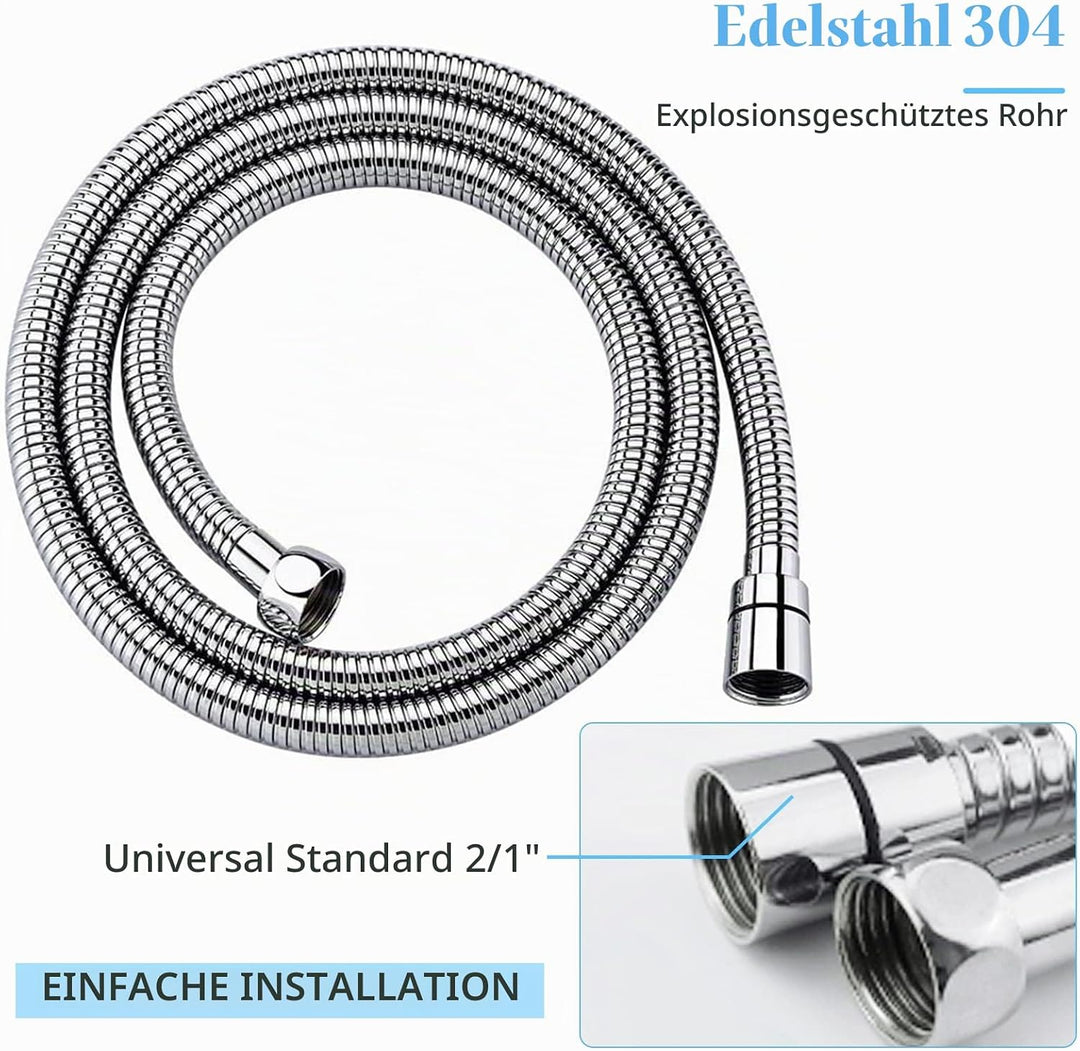 Vinabo Sparduschkopf wassersparend – Duschbrause mit Schlauch, 1,5 m Edelstahl-Duschschlauch (G1/2),