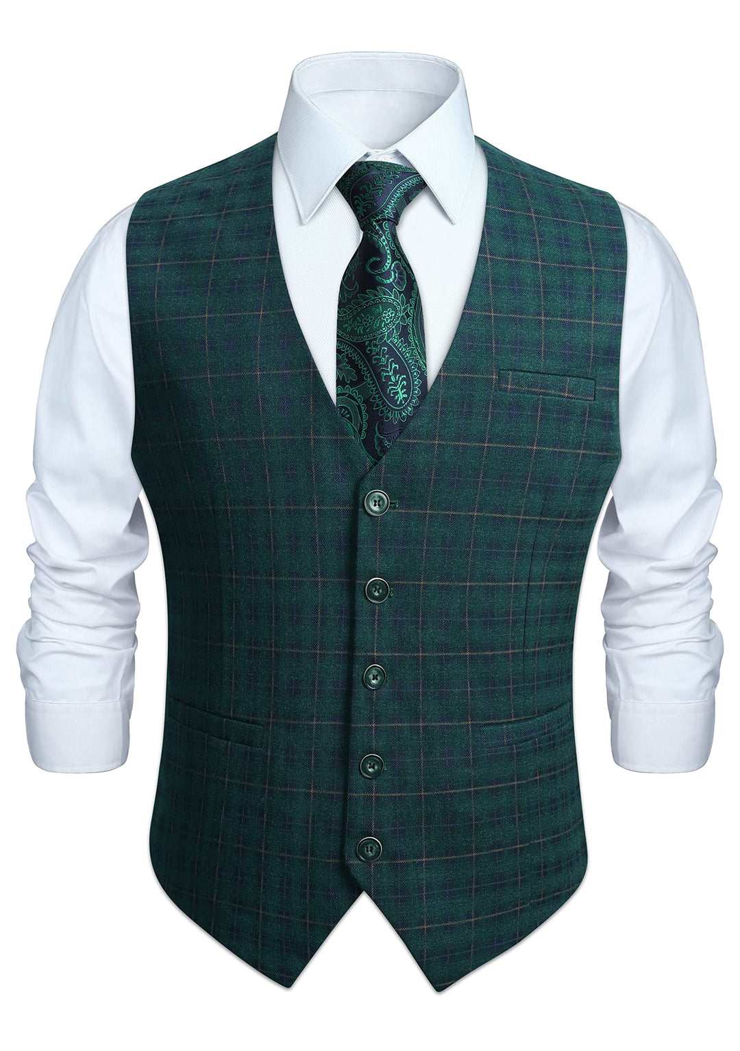 HISDERN Manner Formale Hochzeitsfeier Weste Baumwolle Plaid Kleid Anzug Weste für Herren Grün XS, Gr