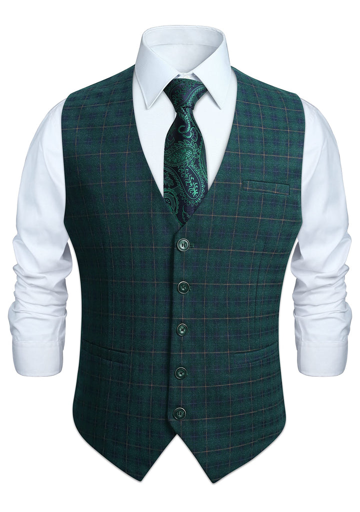 HISDERN Manner Formale Hochzeitsfeier Weste Baumwolle Plaid Kleid Anzug Weste für Herren Grün XS, Gr
