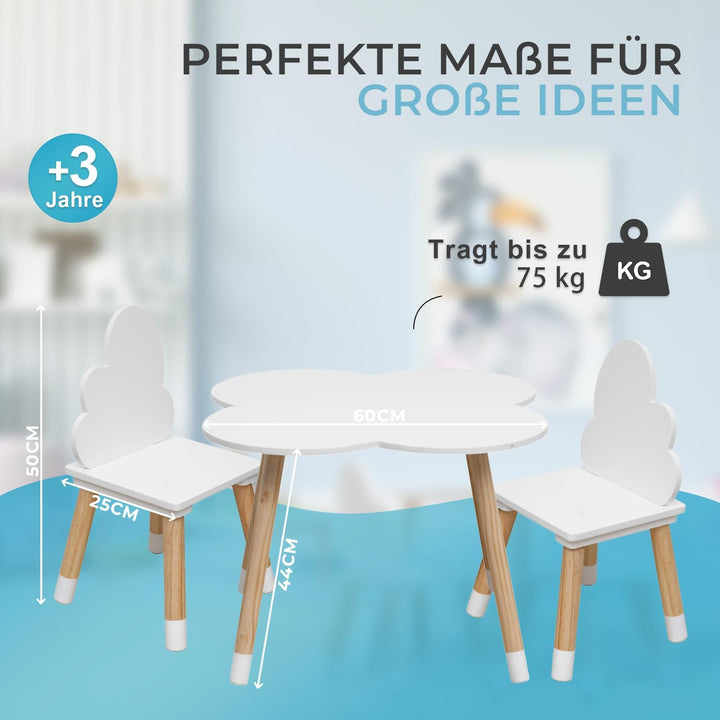 Rebecca Mobili Kindertisch und Stühle Set, Stühle und Tisch für Kinderzimmermöbel Hellbraun Weiss, M