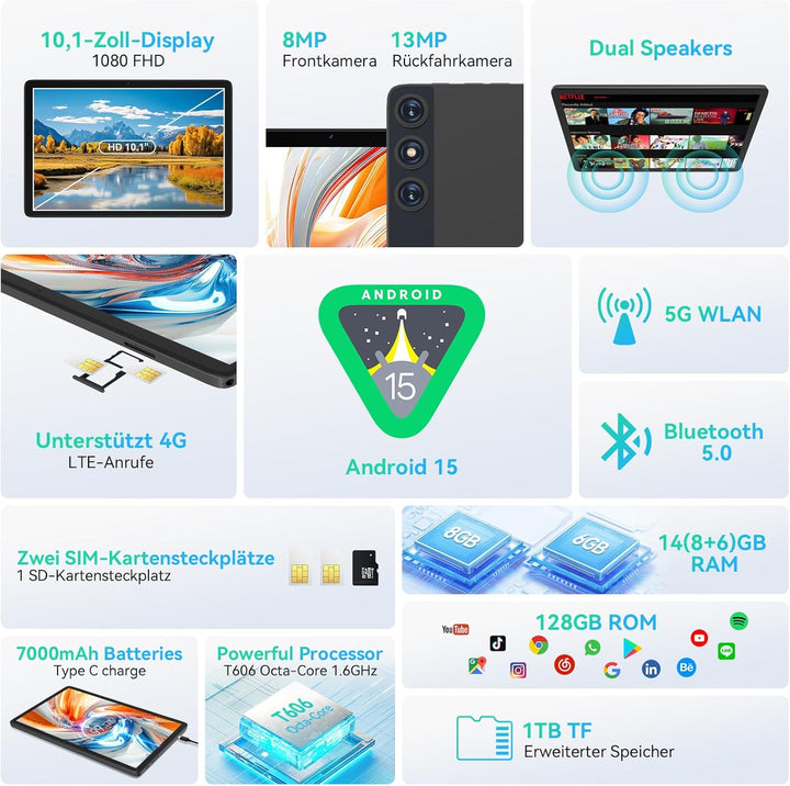 FEONAL Android 15 Tablet 10 Zoll, 4G LTE Tablets Mit 2 SIM 1 SD Slot, 5G WiFi Tablett PC Mit 14GB+12