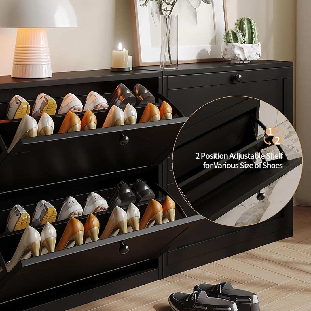 VOWNER Schuhschrank mit 2 Klappen, Schuhregal Schuhkipper Schmal, mit 4 Fächern, Schuhschrank Schwar