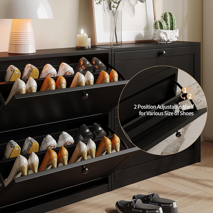 VOWNER Schuhschrank mit 2 Klappen, Schuhregal Schuhkipper Schmal, mit 4 Fächern, Schuhschrank Schwar