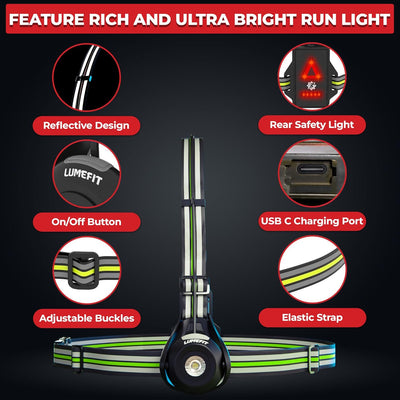 LUMEFIT Lauflicht mit Reflektoren, ideal zum Joggen und Laufen, mit 500 Lumen FrontTaschenlampe, 90°