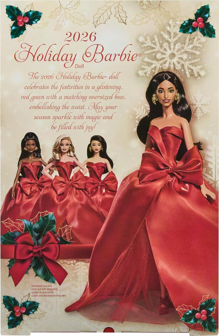 Barbie Signature Puppe, Holiday 2026, braunhaarige Modepuppe | mit Schleifenkleid in Rot, saisonale