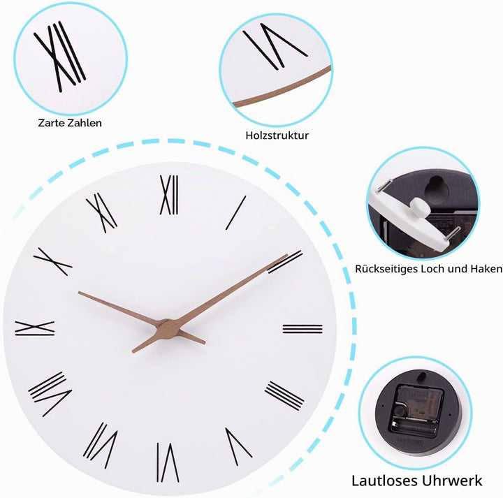 ACCSHINE MDF Holz Wanduhr Ohne TickgeräUsche Lautlos Modern 30cm Quarz Gross Batterie Betriebene Wan