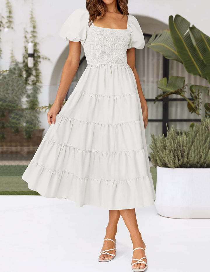 ZESICA Damen-Sommerkleid, eckiger Ausschnitt, Kurze Puffärmel, einfarbig, hohe Taille, lässig, flies