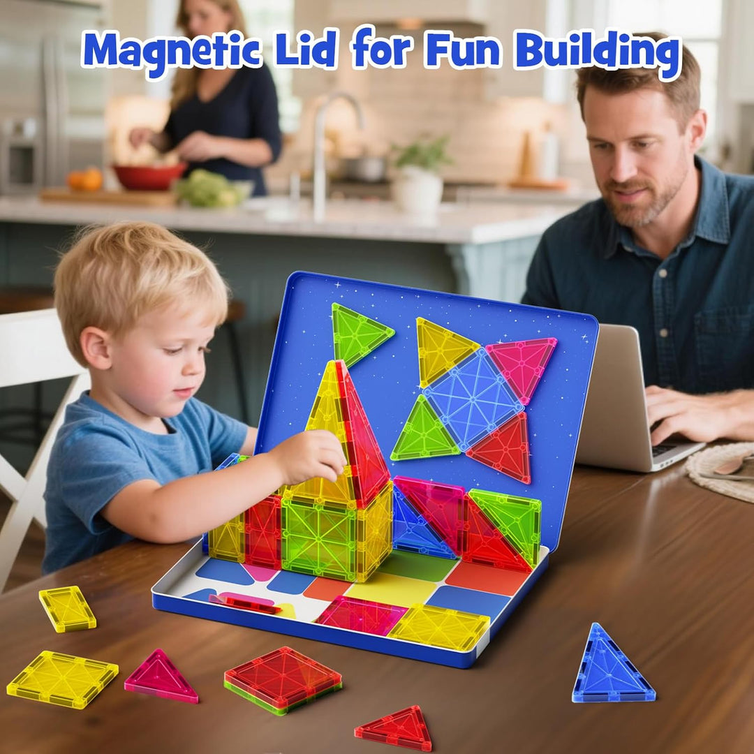 Magnetische Bausteine Fliesen Set, 32 Stück Grosse Magnetbausteine (7,5 cm) mit Metallkasten, Pädago