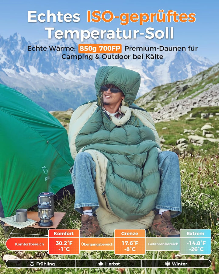 ATEPA Premium RDS Daunen Schlafsack ISO-Zertifiziert, 700FP Entendaune Extra Breit für Kaltes Wetter