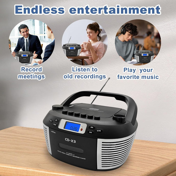 Tragbarer CD- & Kassettenplayer mit Fernbedienung – Inklusive FM/AM-Radio, USB-Wiedergabe, Bluetooth