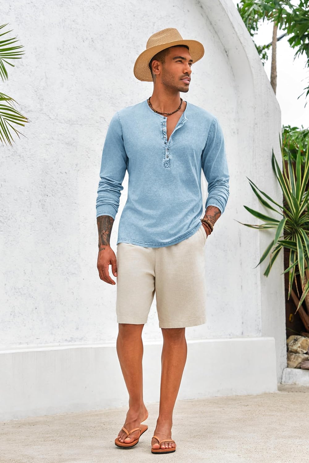 Hemd Herren Langarm/Kurzarm Henley Shirt Männer Freizeithemd Vintage Casual Leicht Baumwolle Slim Fi