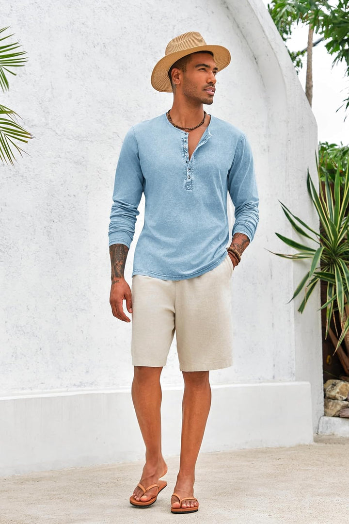 Hemd Herren Langarm/Kurzarm Henley Shirt Männer Freizeithemd Vintage Casual Leicht Baumwolle Slim Fi