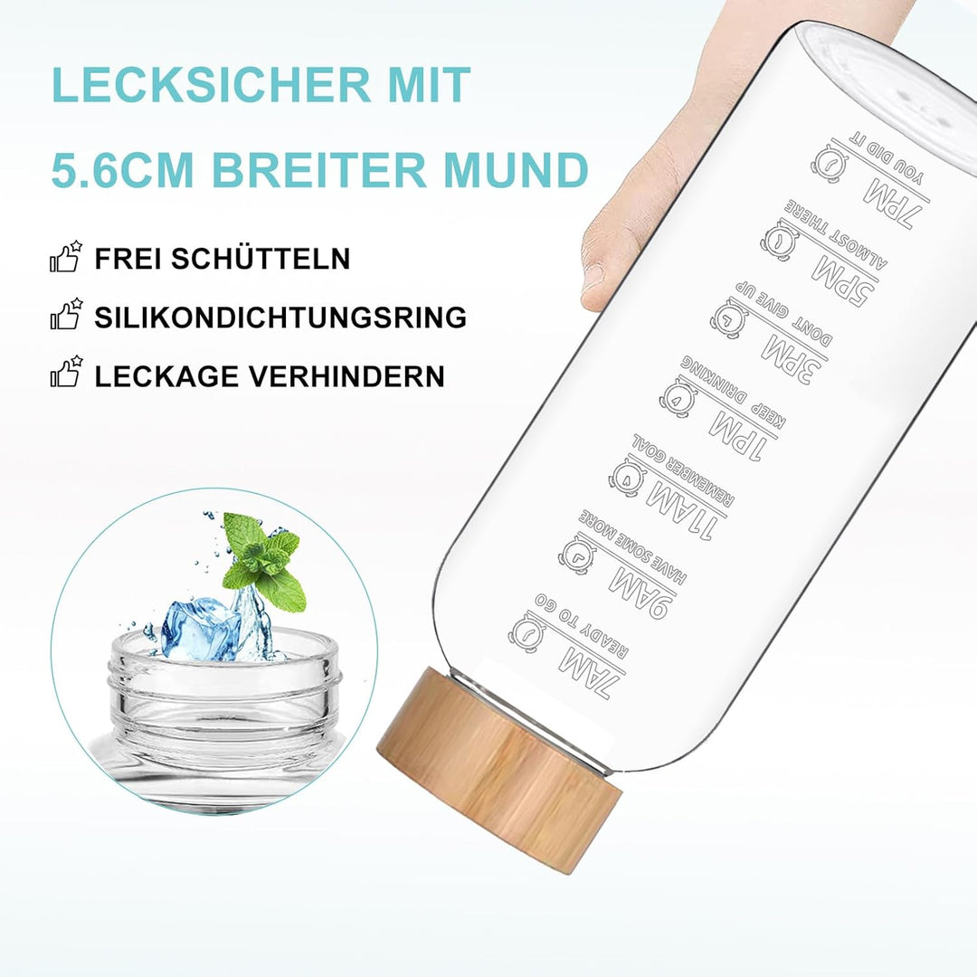 RNCKUUE 2 Liter Glasflasche, 2l Glas Trinkglasche, Wasserflasche Glas mit Neoprenhülle, Bambusdeckel