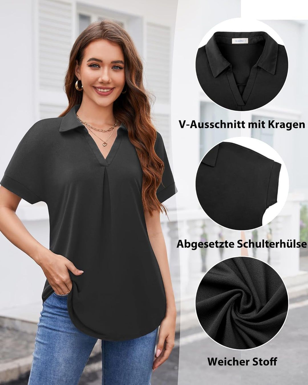 Siddhe Damen V-Ausschnitt Bluse 3/4 Ärmel Oberteile Tunika Tops Locker Longshirt Lässige T-Shirt Lan