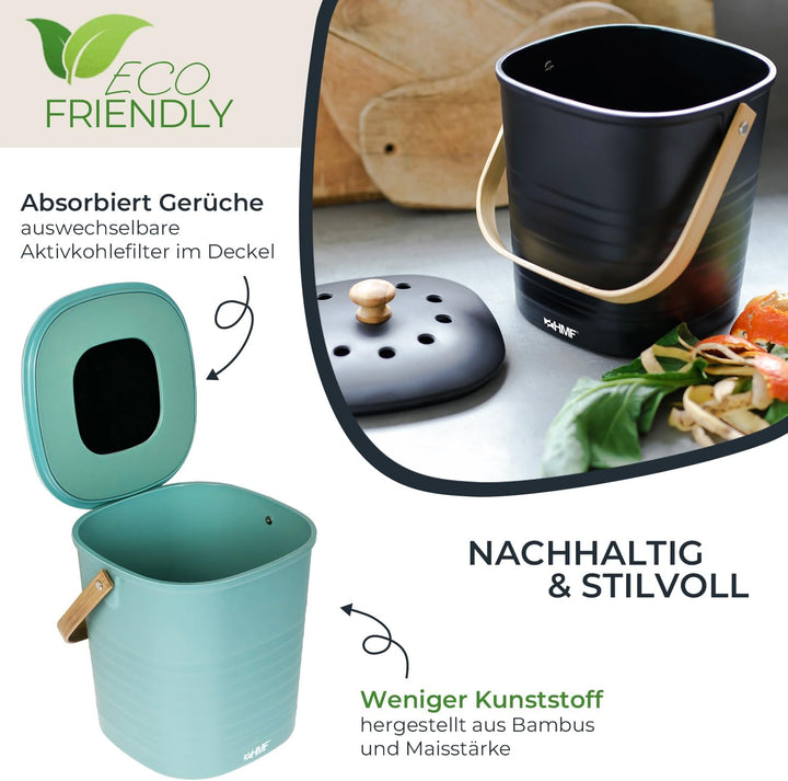 HMF Nachhaltiger Biomülleimer Küche, Geruchsdichter Komposteimer mit Deckel | 6 Liter | Grün Grün 6
